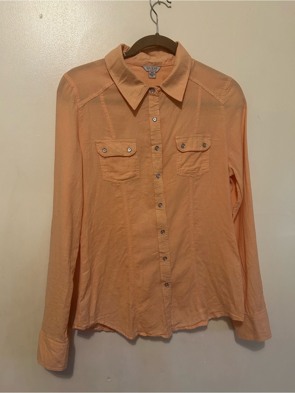 Guess Peach Collared Button-Down Long Sleeve Shirt Sz M Roll Tab
